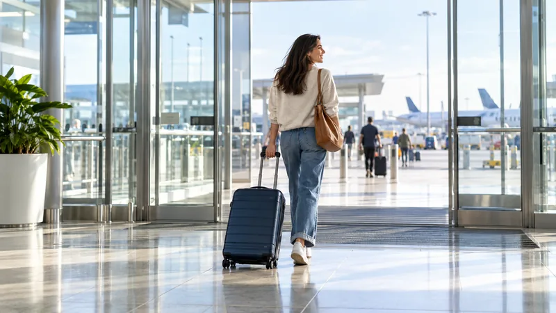 Illustrative traveller with carry-on luggage in a bright airport terminal.