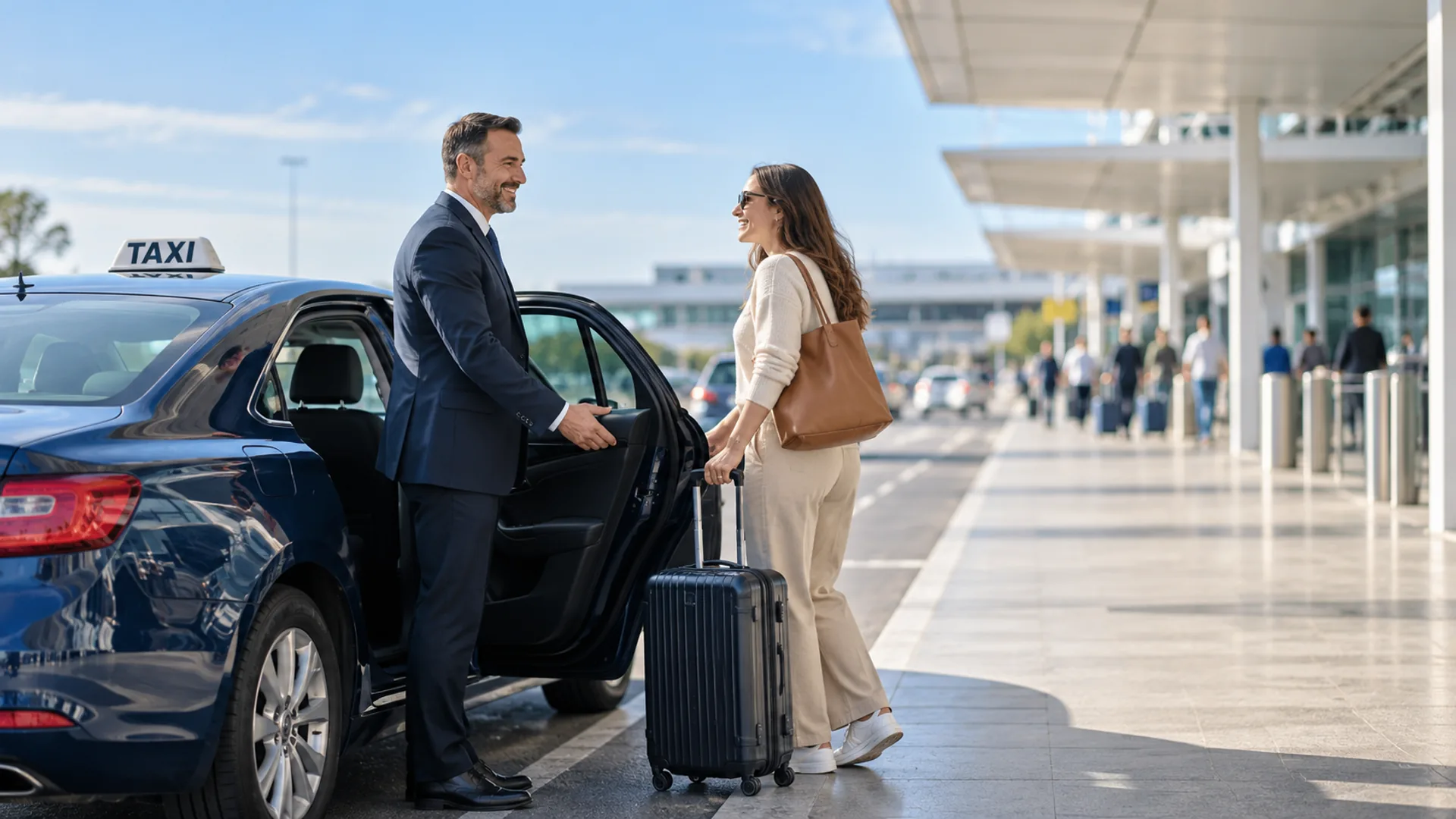 Illustrative daylight airport pickup with a traveller and welcoming driver